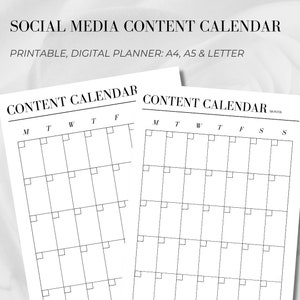 Könnte beinhalten: Schwarz-weißer druckbarer Social-Media-Content-Kalender-Planer. Der Kalender ist in Wochentage unterteilt, mit Platz für jeden Tag, um Content-Ideen einzutragen. Der Kalender ist mit "Content Calendar" und "Month" beschriftet.