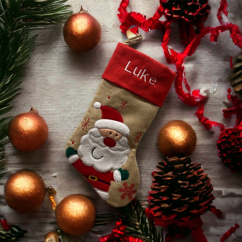 Santa Stocking Hessian Stocking Burlap Stocking Embroidered Christmas Stocking Jute Stocking image 1