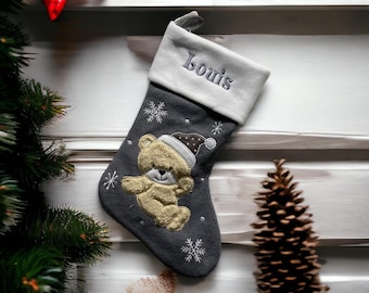 Personalized Embroidered Teddy Christmas Stocking - Grey
