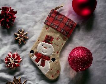 Snowman Christmas Stocking - Hessian Christmas Stocking - Burlap Christmas Stocking - Jute Christmas Stocking - Tartan Christmas Stocking