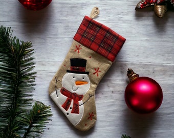 Snowman Christmas Stocking - Hessian Christmas Stocking - Burlap Christmas Stocking - Jute Christmas Stocking - Tartan Christmas Stocking