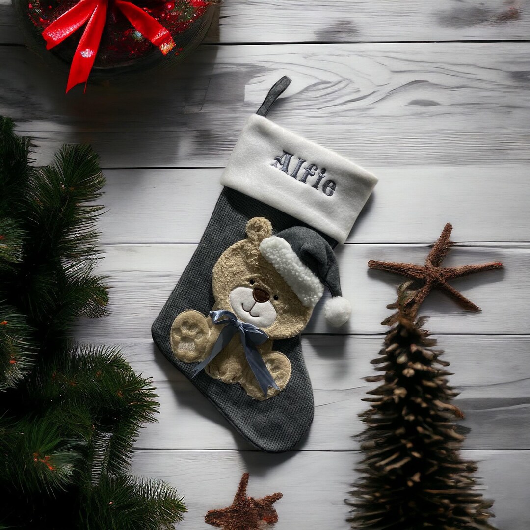 Personalized Teddy Bear Christmas Stocking - Grey Knitted Effect - Etsy