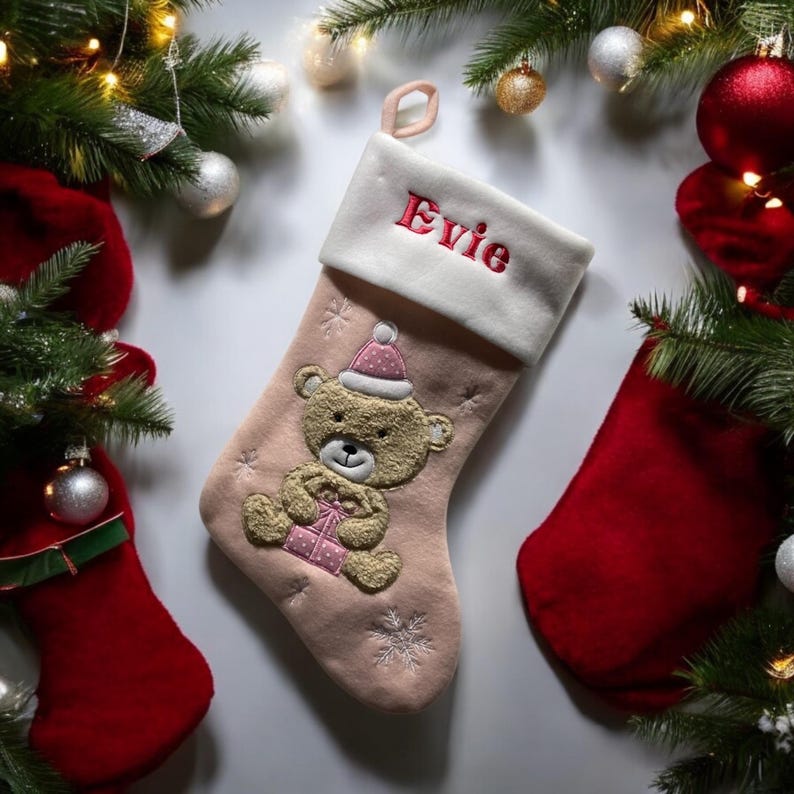 Pink Teddy Bear Stocking © NorthPoleStockingCo | etsy.com