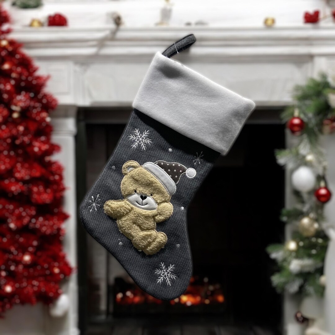 Gray Teddy Bear Christmas Stocking - Luxury Holiday Decor - Etsy