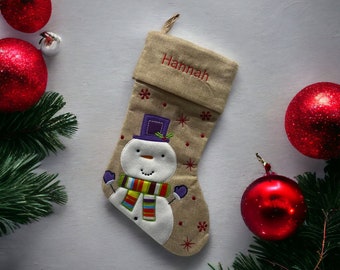Snowman Stocking - Plain Hessian Stocking- Burlap Stocking - Embroidered Christmas Stocking