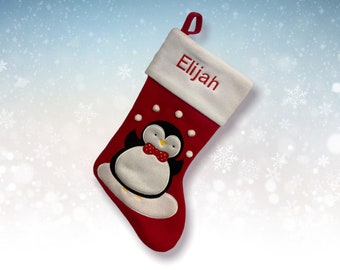 Penguin Stocking - Festive Red Stocking- Xmas Stocking - Embroidered Christmas Stocking