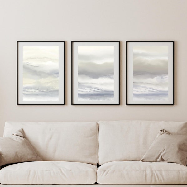 Neutral Seascape Wall Art Prints, Grey Beige Printable Art, Bedroom, Living Room Instant Downloadable Art, Digital Print, Set of 3