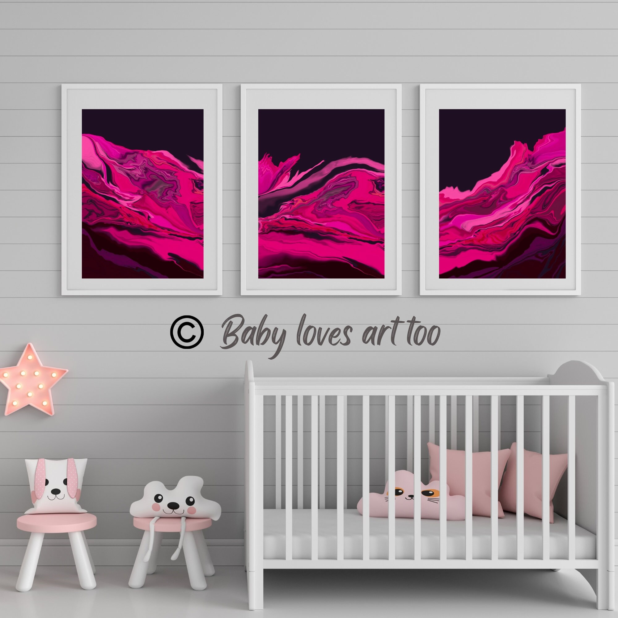Hot Pink and Black Wall Art Print, Set of 3 Abstract Printable Art ...