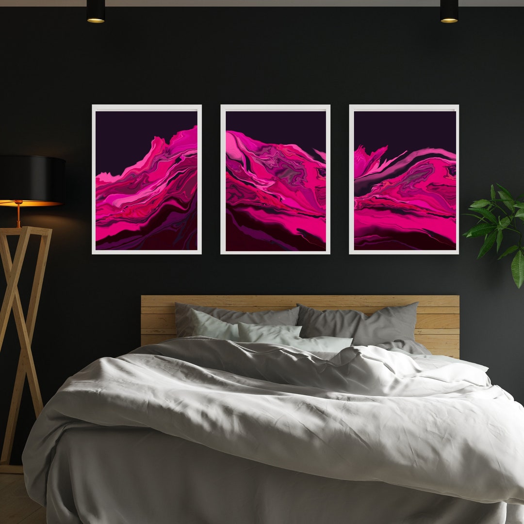 Hot Pink and Black Wall Art Print, Set of 3 Abstract Printable Art