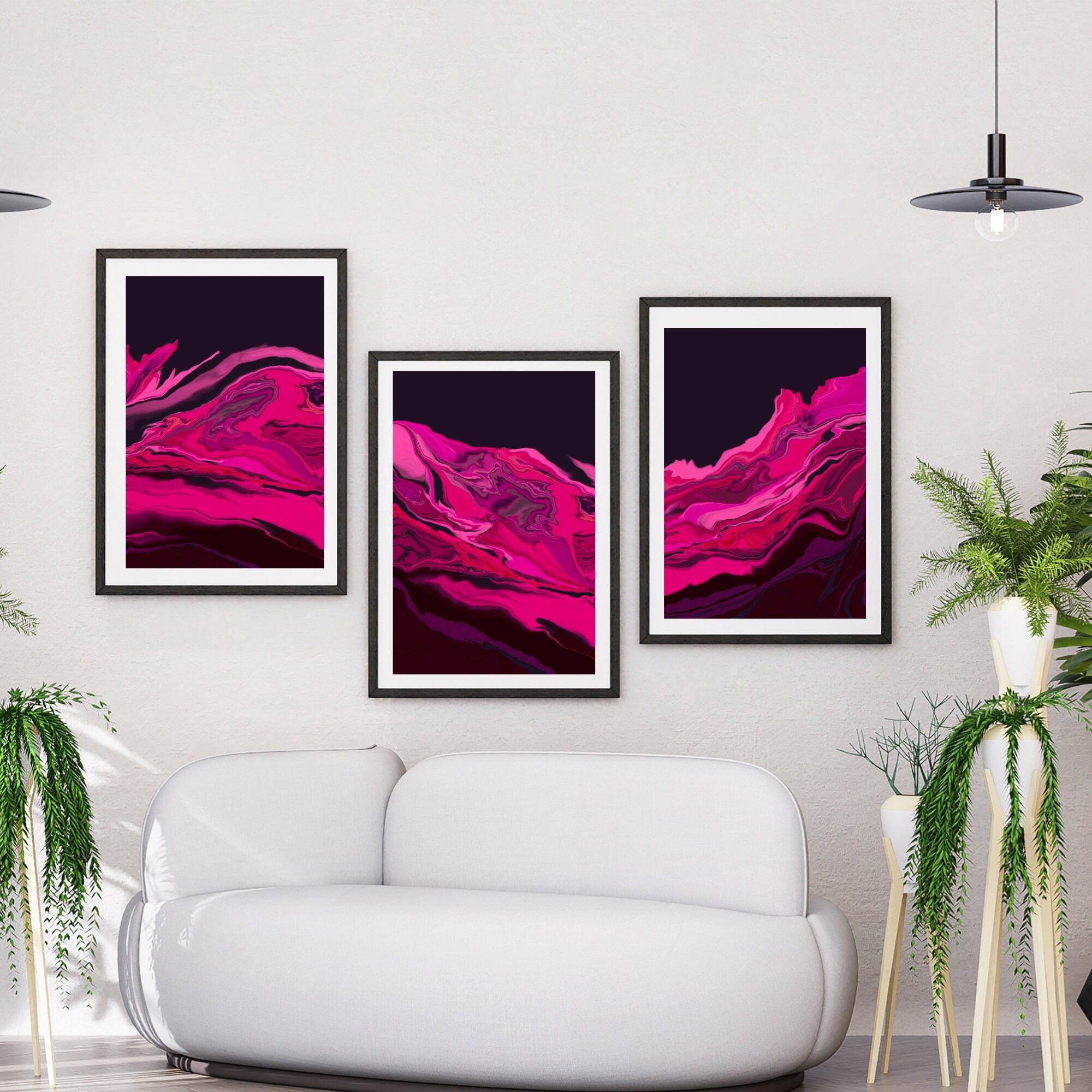 Hot Pink and Black Wall Art Print, Set of 3 Abstract Printable Art