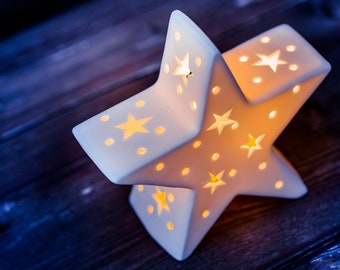 Porzellan Stern weiß mit LED - zwei verschiedene Größen - einzeln oder im Set