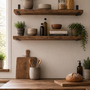 May include: Two rustic wooden floating shelves with black metal brackets mounted on a wall. The shelves hold potted plants, stacked ceramic bowls, glass jars with pasta and legumes, a wooden bowl, and books titled Sunday Suppers and Cook Beautiful.