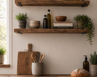 Rustic Wooden Shelves with Industrial Steel Brackets | Handmade Scaffold Board Shelf | Multiple Sizes | Danish Oil Finishes Available