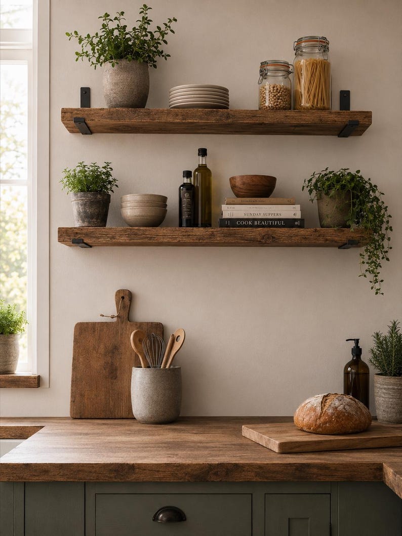 May include: Two rustic wooden floating shelves with black metal brackets mounted on a wall. The shelves hold potted plants, stacked ceramic bowls, glass jars with pasta and legumes, a wooden bowl, and books titled Sunday Suppers and Cook Beautiful.