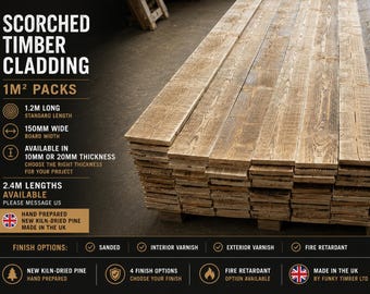 Scorched Timber Wall Cladding 1m2 | Charred Wood Panels | 150mm Pine Boards | Interior & Exterior Feature Wall Cladding