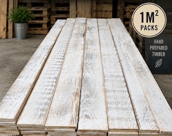 Revestimiento de madera blanqueada de 1 m² / Paneles de pared de madera rústica / Tablones de madera blanqueada / Pared decorativa interior y exterior