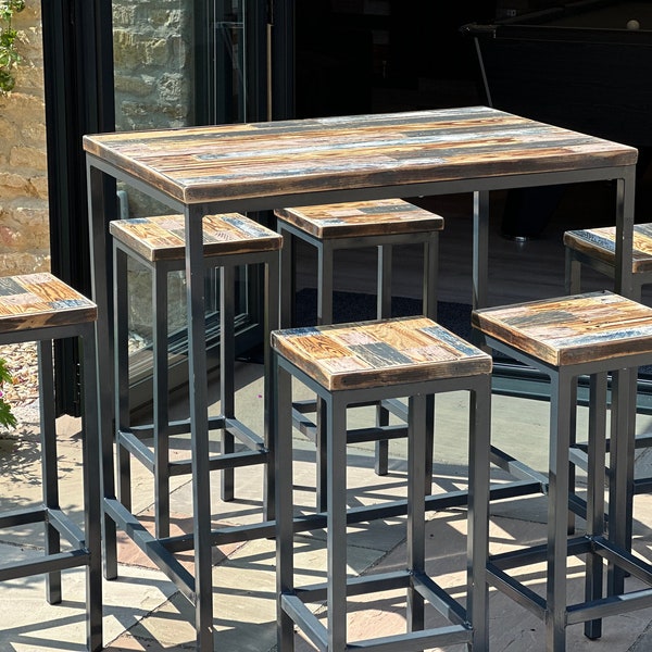 Ensemble table de bar et tabouret en bois recyclé rustique haut