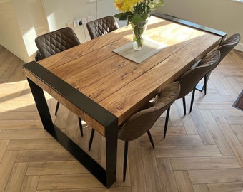 Chunky Solid Oak Dining Table Set with Wrap Around Steel Legs - Handmade & Customizable