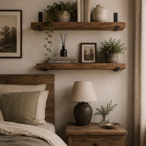 May include: Two horizontal wooden shelves mounted with black metal brackets, holding books, potted plants, a ceramic vase, a reed diffuser, and framed art. The books include titles labeled Light Homes and down to earth on the lower shelf.
