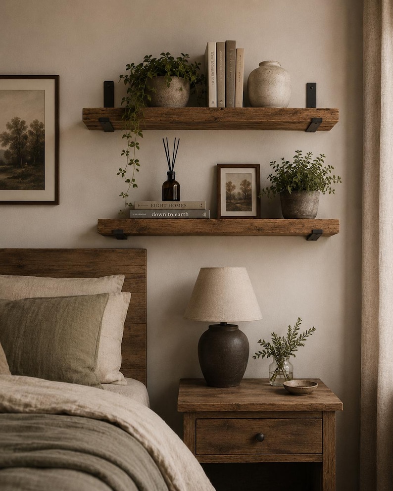 May include: Two horizontal wooden shelves mounted with black metal brackets, holding books, potted plants, a ceramic vase, a reed diffuser, and framed art. The books include titles labeled Light Homes and down to earth on the lower shelf.