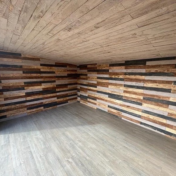 1sq m Rustic Wooden Wall Cladding Mix | Natural, Charcoal, Cappuccino | FSC New Timber | No Nails