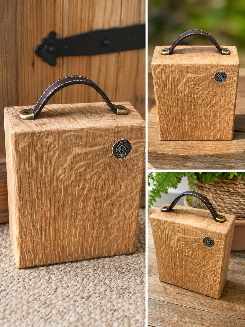 Puede incluir: Un tope de puerta rectangular de madera de roble claro con un asa de cuero marr&oacute;n oscuro sujeta con herrajes de lat&oacute;n antiguo. Una peque&ntilde;a insignia met&aacute;lica circular con el texto Funky Timber est&aacute; incrustada en la cara frontal del bloque.