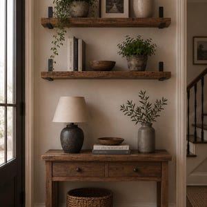 May include: Two wooden wall shelves with black metal brackets holding potted plants, a framed picture, books, and a wooden bowl. Below, a wooden console table with two drawers, a lamp, a vase with greenery, a bowl, and books, plus a woven basket.