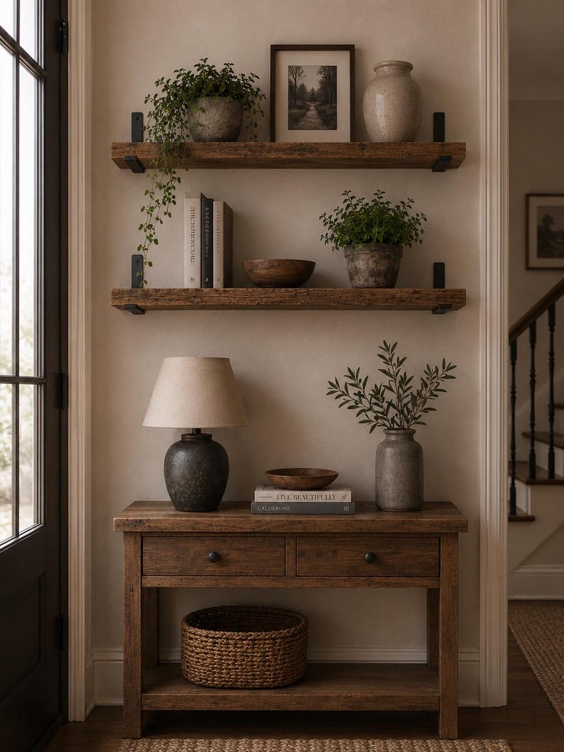 May include: Two wooden wall shelves with black metal brackets holding potted plants, a framed picture, books, and a wooden bowl. Below, a wooden console table with two drawers, a lamp, a vase with greenery, a bowl, and books, plus a woven basket.
