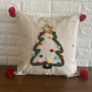 Embroidered Christmas Tree Pillow Cover: Holiday Pom Pom Decor