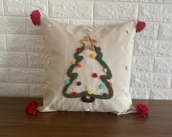 Embroidered Christmas Tree Pillow Cover: Holiday Pom Pom Decor