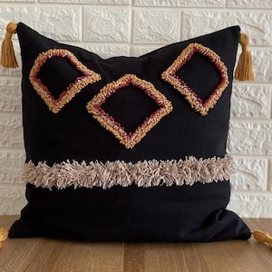 Black Boho Linen Pillow Cover: Geometric Tassel Fringe, Embroidered Cushion