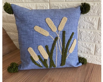 Reed Grass Embroidered Throw Pillow Cover, Floral Pillows, Cotton Pillow, Blue Pillow, Accent Pillow Cover, Lake House Decor, Gift Farmhouse