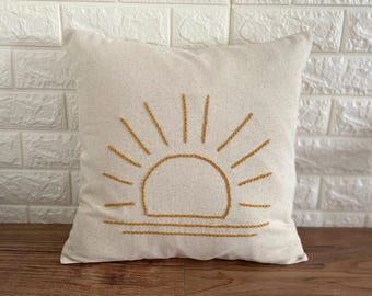 Embroidered Sun Throw Pillow Cover: Mystic Farmhouse Decor