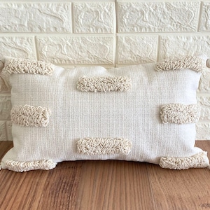 Handmade Textured Lumbar Pillow Cover with Tassels – Boho Neutral Cushion