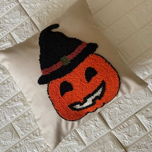 Pumbkin Pillow Cover, Halloween Pillow Cover, Punch Needle Embroidered Cushion, Halloween Gift, Home Decor Gift