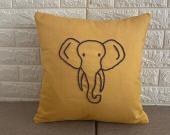 Elephant Embroidered Mustard Yellow Pillow Cover: Boho Cushion Case