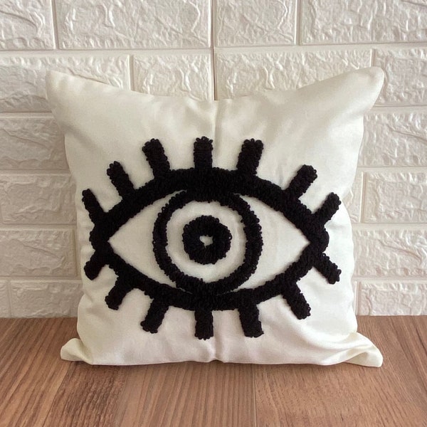 Black Eye Motif Pillow Cover, Embroidery Pillow, Textured Pillow Cover, Off White Pillow, Punch Needle Pillow, Bohemian Cushion Cover