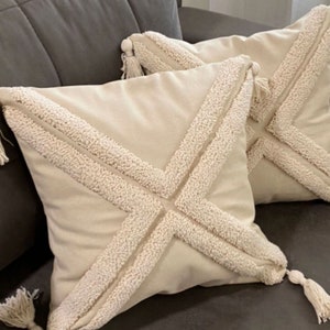Tufted Tassel Pillow Cover: Ivory Cotton Boho Throw Pillow (16x16 inches)