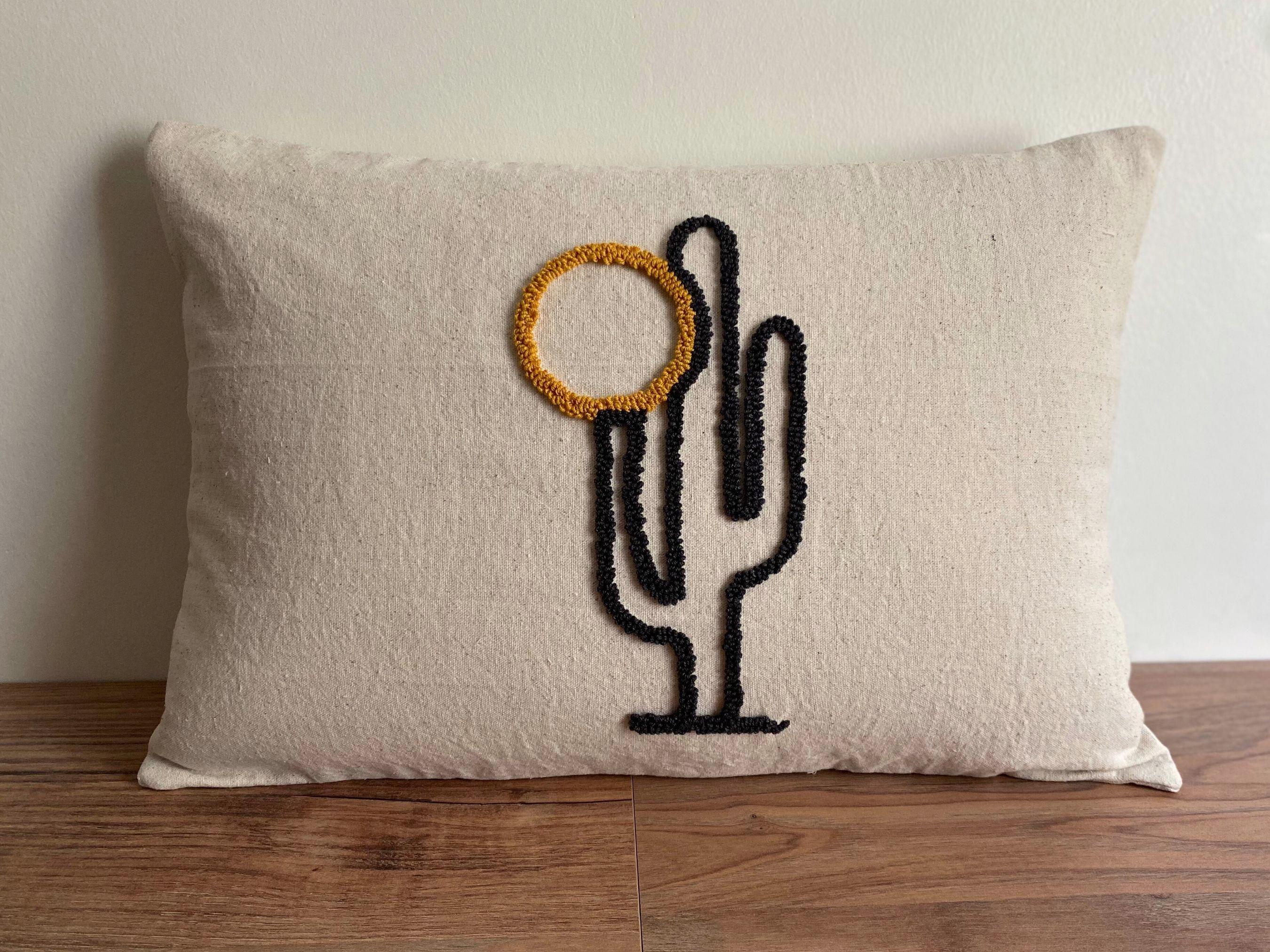 Embroidered Cactus Pillow Cover: Natural Linen Boho Decor