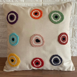 Colorful Evil Eye Pillow Cover, Tectured Pillow , Colorful Cute Pillow, Handmade Pillow, Design Throw Pillow, Housewarming Gifts
