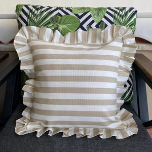 Beige and White Frill Striped Cushion Cover, Ruffled Linen Cushion Cover, 16x16 inches