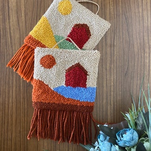 Handmade Punch Needle Tapestry: Abstract House Wall Hanging, Fringed Ornament