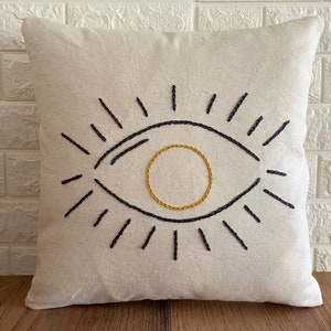 Embroidered Evil Eye Pillow Cover: Gray & Mustard Moroccan Decor
