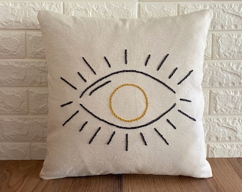 Embroidered Evil Eye Pillow Cover: Gray & Mustard Moroccan Decor