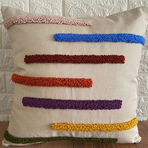 Textured Colorful Striped Pillow Cover, Modern Boho Decorative Cushion, Natural Beige Throw Pillow Cover