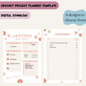 Può includere: Modello digitale di pianificatore di progetti all'uncinetto con una combinazione di colori rosa e crema. Il pianificatore include sezioni per il nome del modello, i materiali, la lana e una lista di cose da fare. È visibile anche il testo "8 modelli tra cui scegliere".