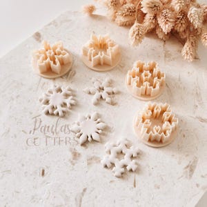 Peut inclure: Un ensemble d'emporte-pièces en forme de flocon de neige beige et de découpes en forme de flocon de neige blanches assorties. Le texte "Paulas CUTTERS" est imprimé sur la surface. L'ensemble comprend divers motifs géométriques de flocons.