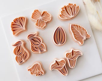 Polymer Clay Cutter Set with Texture Stamps, Floral Earrings Shapes Bundle, 3D Printed Clay Cutter Tool, Botanical, ZB-20 to ZB-28