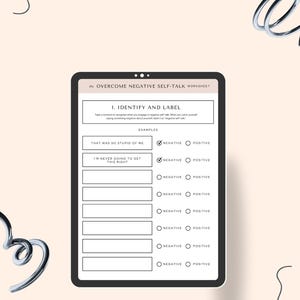 May include: A printable worksheet titled "Overcome Negative Self-Talk" with a list of examples of negative self-talk and checkboxes to identify whether the statement is negative or positive.