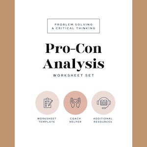 Op de afbeelding: Een witte werkbladen set met de titel "Pro-Con Analysis" in vette zwarte letters. De tekst "Problem Solving & Critical Thinking" staat boven de titel. Drie cirkelvormige pictogrammen met tekst eronder: "Worksheet Template", "Coach Helper" en "Additional Resources".
